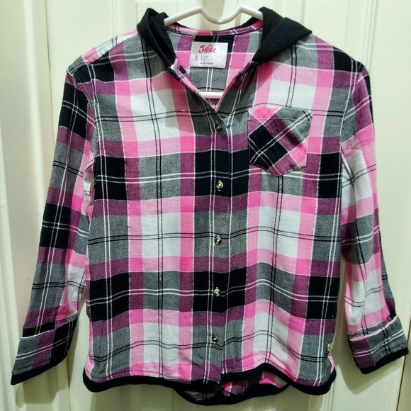 NWT: JUSTICE Pink Black Long Sleeve Button Hooded Waffle Trim Top, Small - Picture 2 of 10